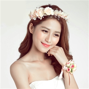 Simulation Flower Pearls Bride Vines Garland Headband Women Beach Hair Accessories - Pink