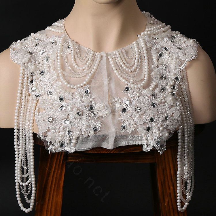 Top Quality Bridal Lace Flower Crystal Beads Pearls Tassel Wedding Shoulder Chain Accessories
