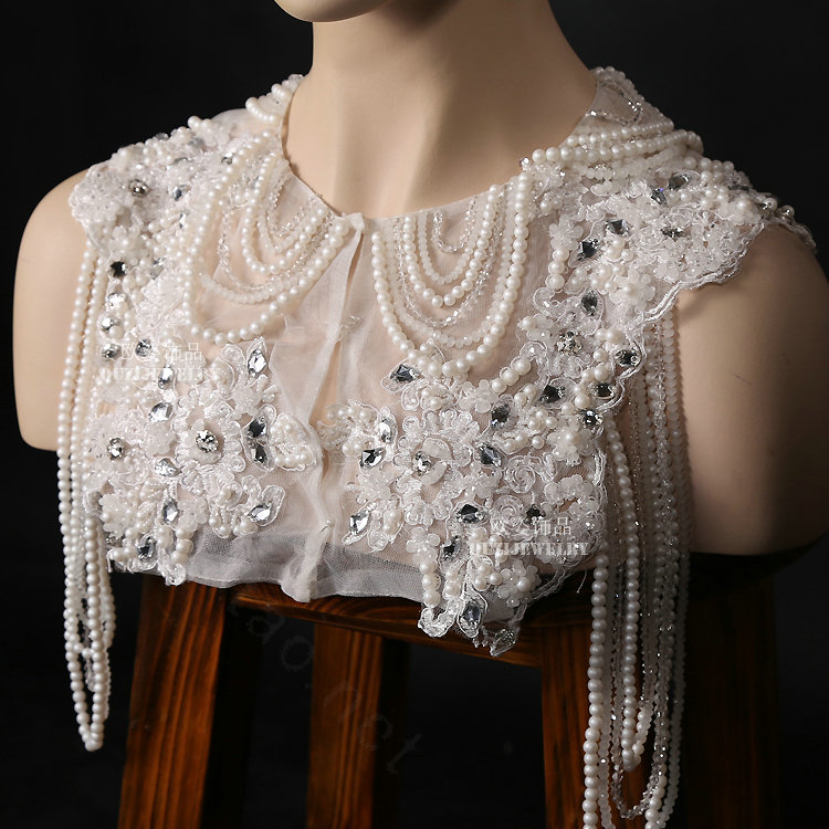 Top Quality Bridal Lace Flower Crystal Beads Pearls Tassel Wedding Shoulder Chain Accessories