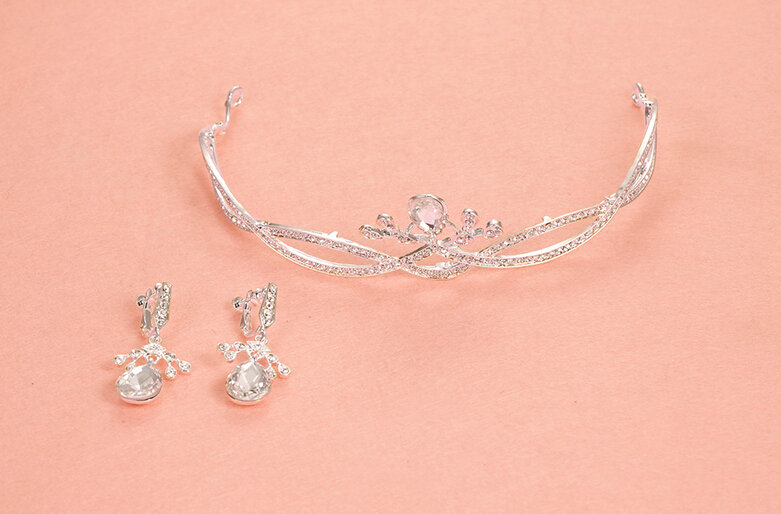 Unique Alloy Rhinestone Flower Bridal Jewelry Tiaras Earring Princess Style Pageant Sets 2pcs - White