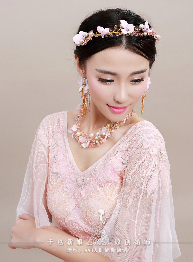 Unique Crystals Beads Yarn Flower Bridal Tiaras Necklace Earring Women Wedding Jewelry Sets 3pcs - Pink