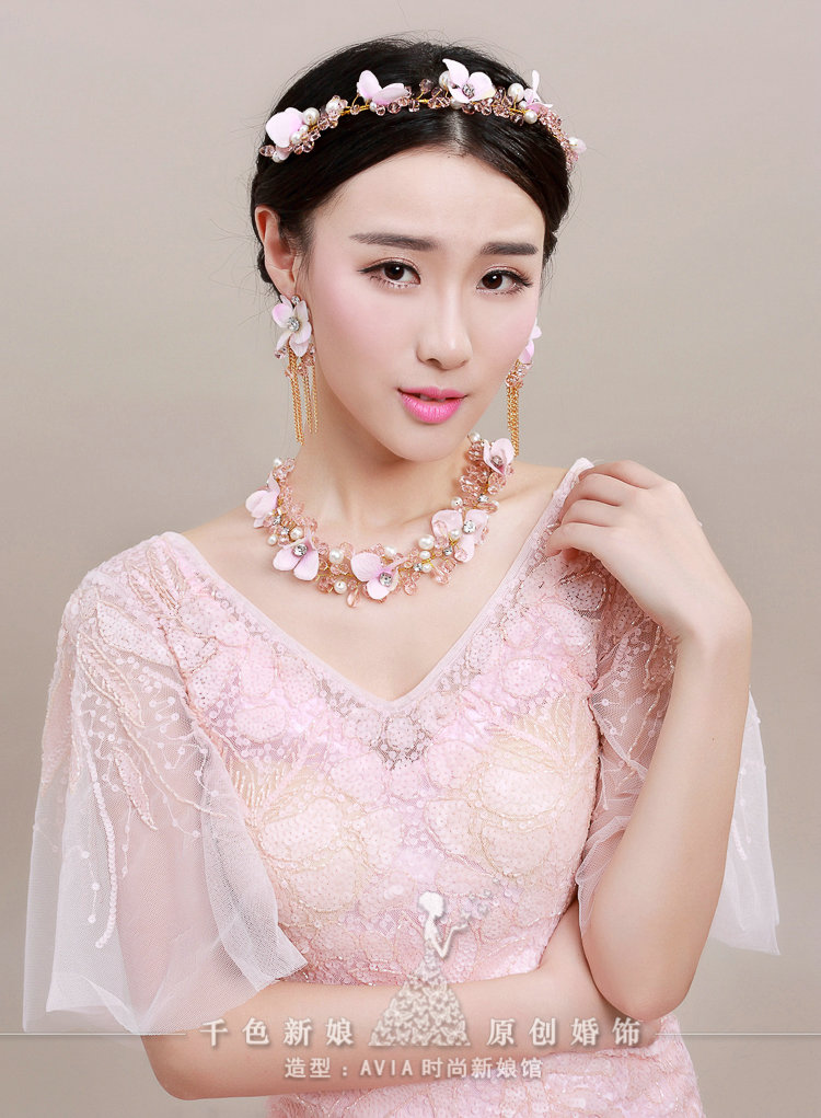 Unique Crystals Beads Yarn Flower Bridal Tiaras Necklace Earring Women Wedding Jewelry Sets 3pcs - Pink