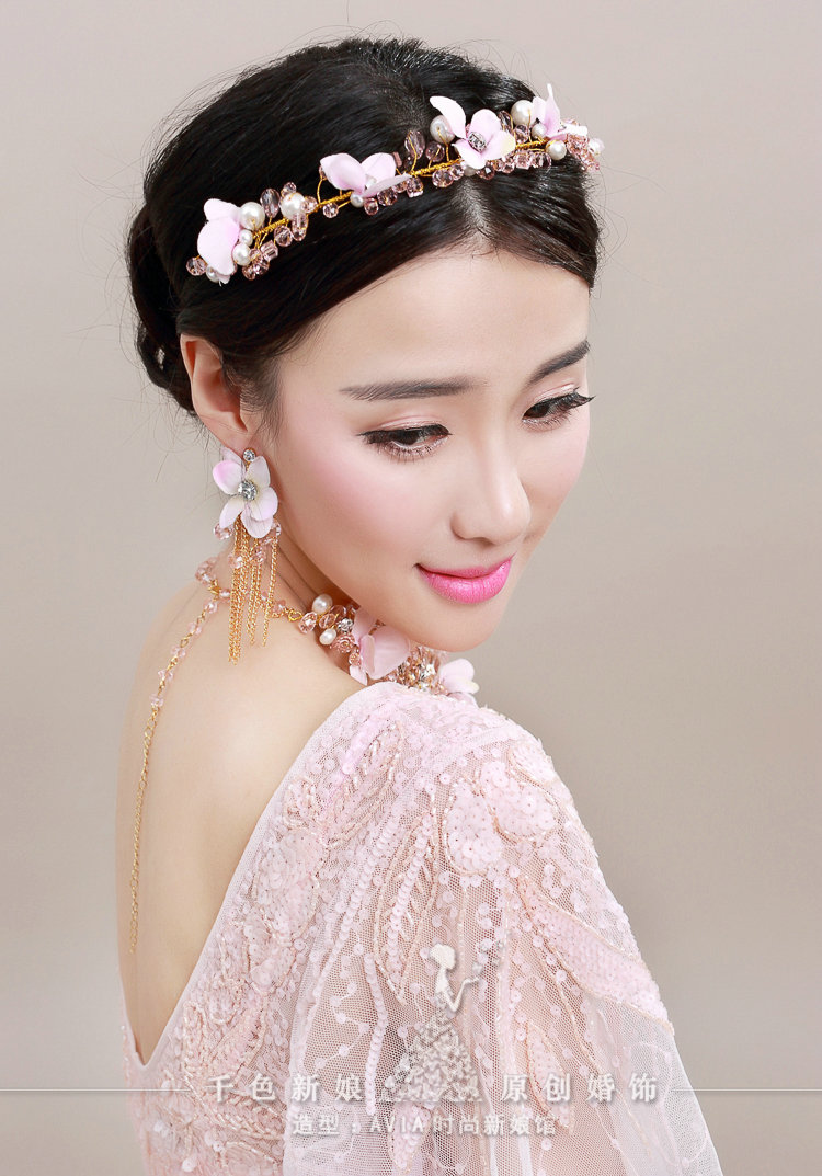 Unique Crystals Beads Yarn Flower Bridal Tiaras Necklace Earring Women Wedding Jewelry Sets 3pcs - Pink