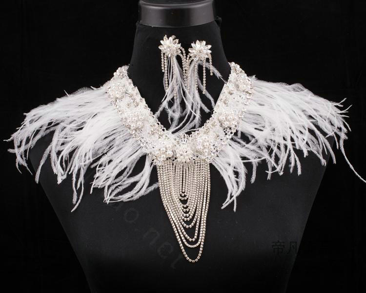 Unique Feather Rhinestone Bridal Pearls Necklace Wedding Egyptian Shoulder Chain Accessories