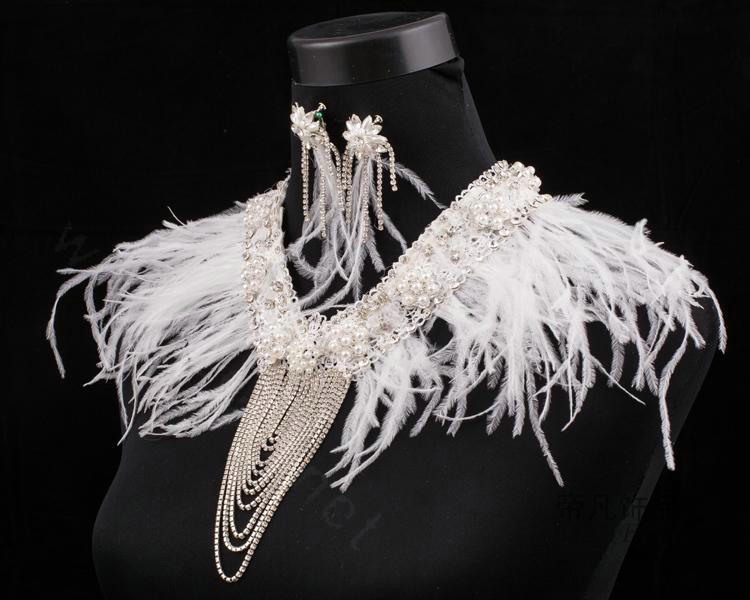 Unique Feather Rhinestone Bridal Pearls Necklace Wedding Egyptian Shoulder Chain Accessories