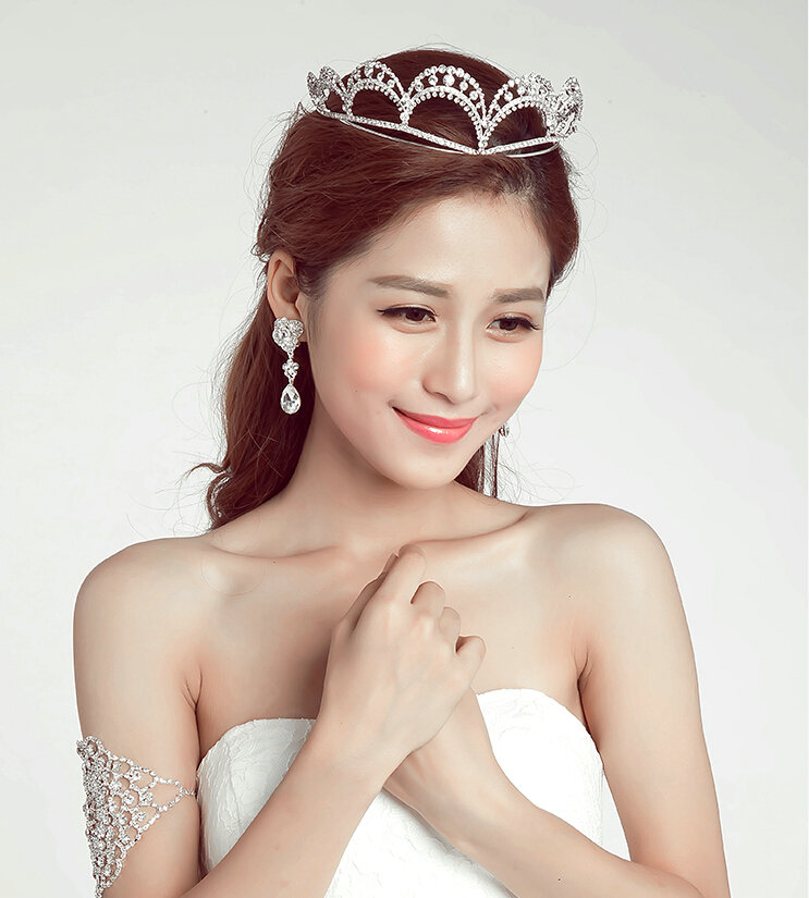 Unique Shape Alloy Rhinestone Bridal Jewelry Crown Earring Ladies Pageant Sets 2pcs - White