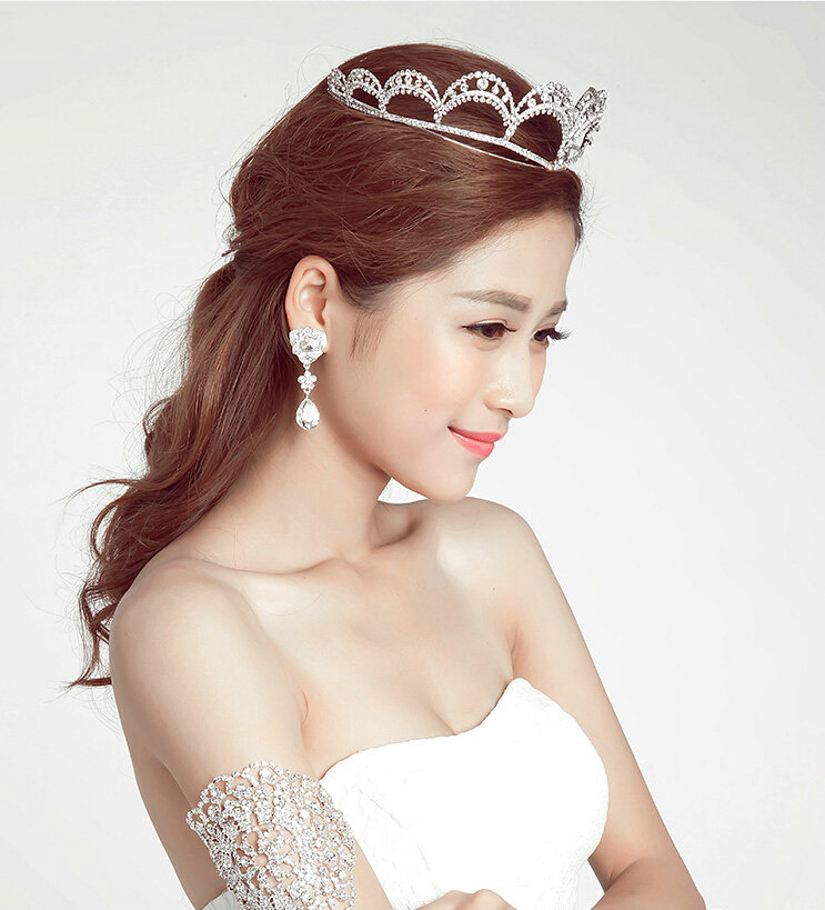 Unique Shape Alloy Rhinestone Bridal Jewelry Crown Earring Ladies Pageant Sets 2pcs - White