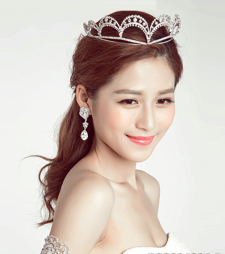 Unique Shape Alloy Rhinestone Bridal Jewelry Crown Earring Ladies Pageant Sets 2pcs - White