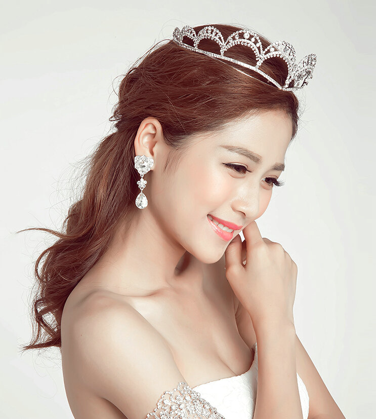 Unique Shape Alloy Rhinestone Bridal Jewelry Crown Earring Ladies Pageant Sets 2pcs - White