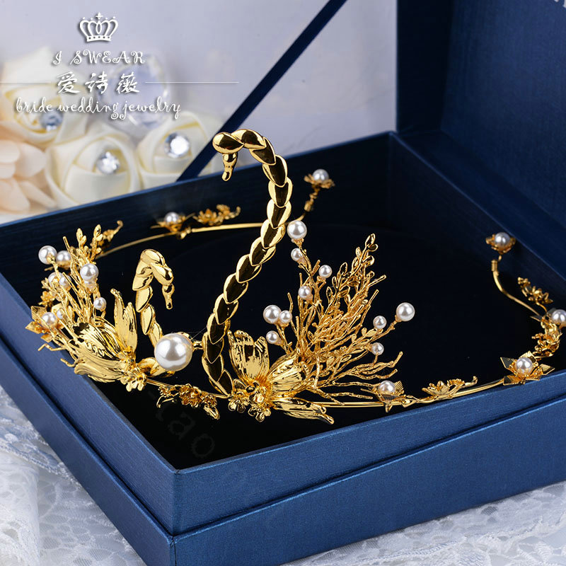 Upgrade European Bride Hand Alloy Swan Pearl Hair Bands Women Wedding Hair Hoop - Gold