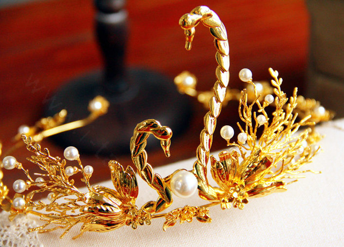 Upgrade European Bride Hand Alloy Swan Pearl Hair Bands Women Wedding Hair Hoop - Gold