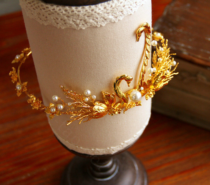 Upgrade European Bride Hand Alloy Swan Pearl Hair Bands Women Wedding Hair Hoop - Gold