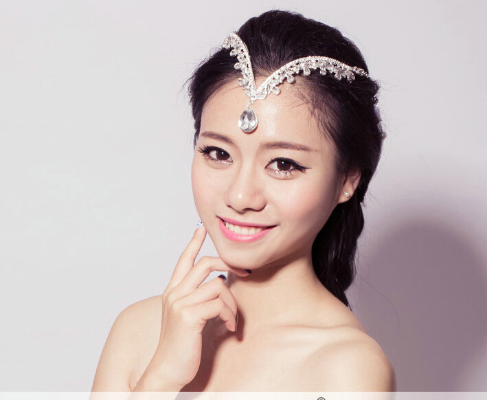 V Shape Alloy Rhinestone Bohemia Bridal Frontlet Pendant Headbands Hair Accessories - White