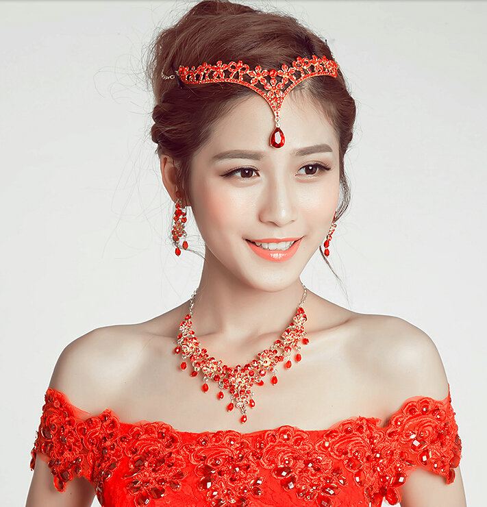 V Shape Flower Alloy Rhinestone Bohemia Bridal Frontlet Pendant Headbands Hair Accessories - Red