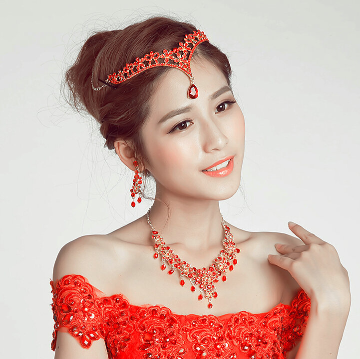 V Shape Flower Alloy Rhinestone Bohemia Bridal Frontlet Pendant Headbands Hair Accessories - Red