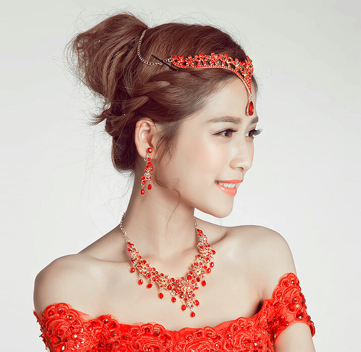 V Shape Flower Alloy Rhinestone Bohemia Bridal Frontlet Pendant Headbands Hair Accessories - Red