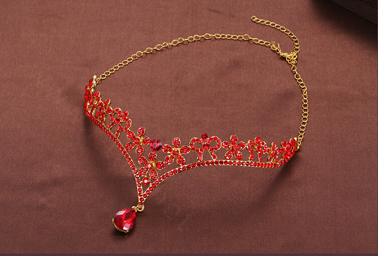 V Shape Flower Alloy Rhinestone Bohemia Bridal Frontlet Pendant Headbands Hair Accessories - Red