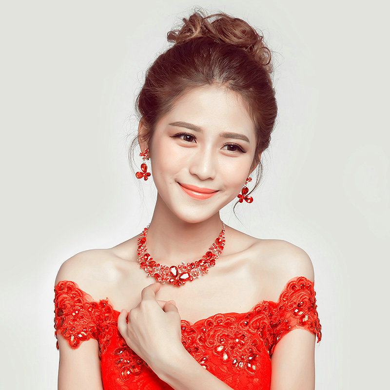 Vintage Alloy Rhinestone Butterfly Bridal Necklace Earrings Women Wedding Jewelry Sets - Red