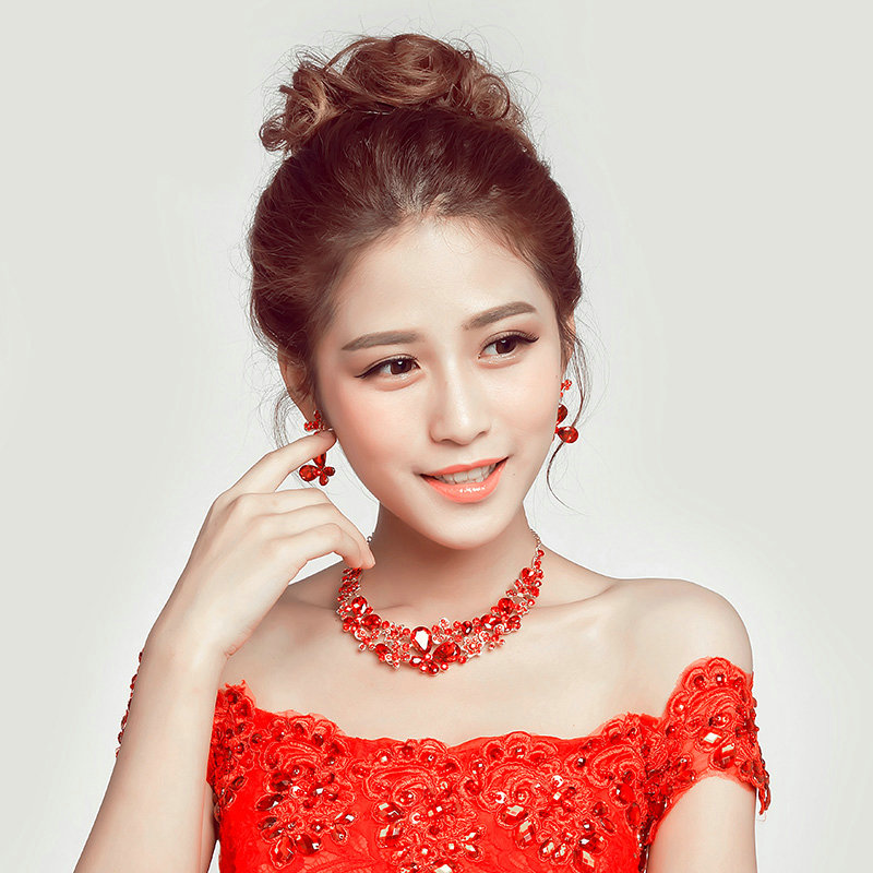 Vintage Alloy Rhinestone Butterfly Bridal Necklace Earrings Women Wedding Jewelry Sets - Red