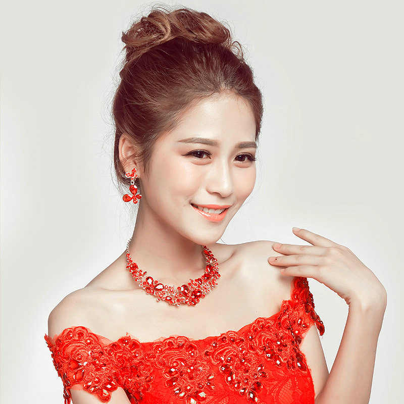 Vintage Alloy Rhinestone Butterfly Bridal Necklace Earrings Women Wedding Jewelry Sets - Red
