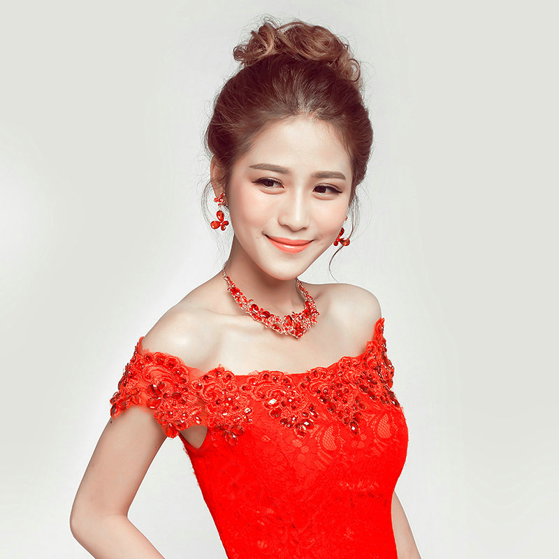 Vintage Alloy Rhinestone Butterfly Bridal Necklace Earrings Women Wedding Jewelry Sets - Red
