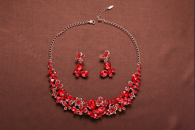 Vintage Alloy Rhinestone Butterfly Bridal Necklace Earrings Women Wedding Jewelry Sets - Red