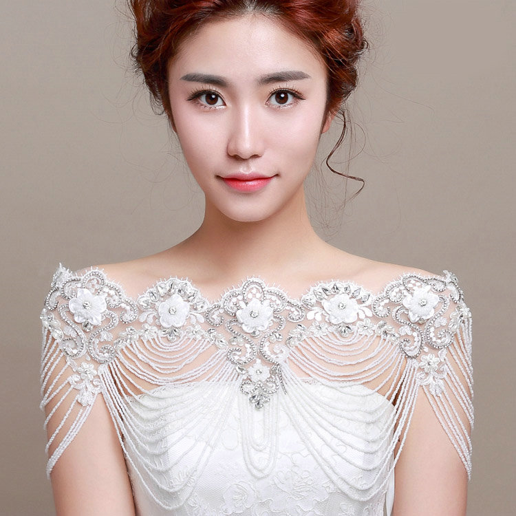 Vintage Bridal Lace Flower Crystal Beads Pearls Tassel Wedding Big Shoulder Chain Accessories