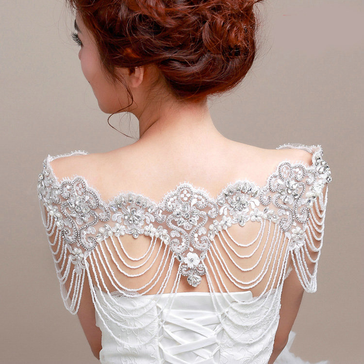 Vintage Bridal Lace Flower Crystal Beads Pearls Tassel Wedding Big Shoulder Chain Accessories