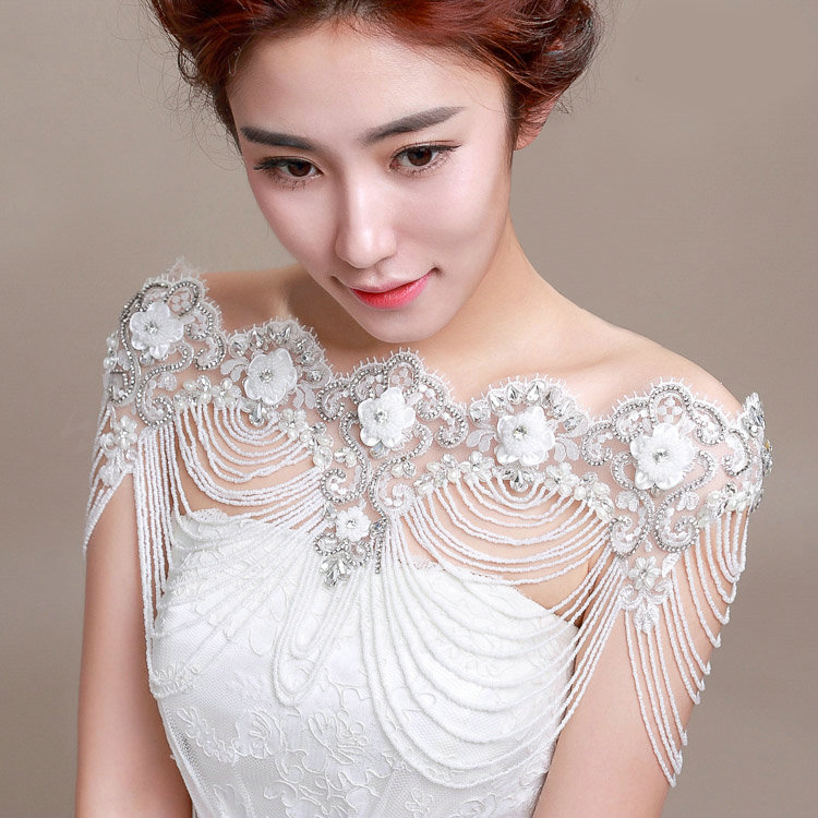 Vintage Bridal Lace Flower Crystal Beads Pearls Tassel Wedding Big Shoulder Chain Accessories