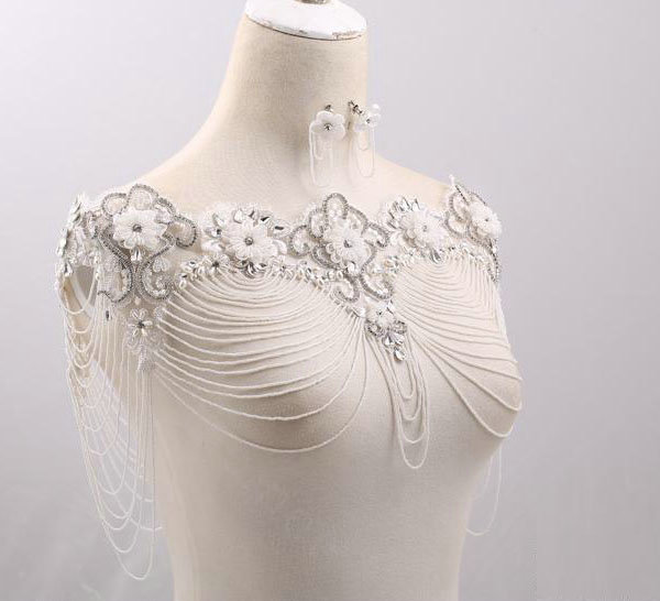 Vintage Bridal Lace Flower Crystal Beads Pearls Tassel Wedding Big Shoulder Chain Accessories