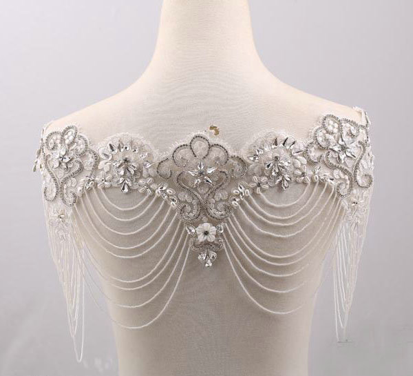 Vintage Bridal Lace Flower Crystal Beads Pearls Tassel Wedding Big Shoulder Chain Accessories