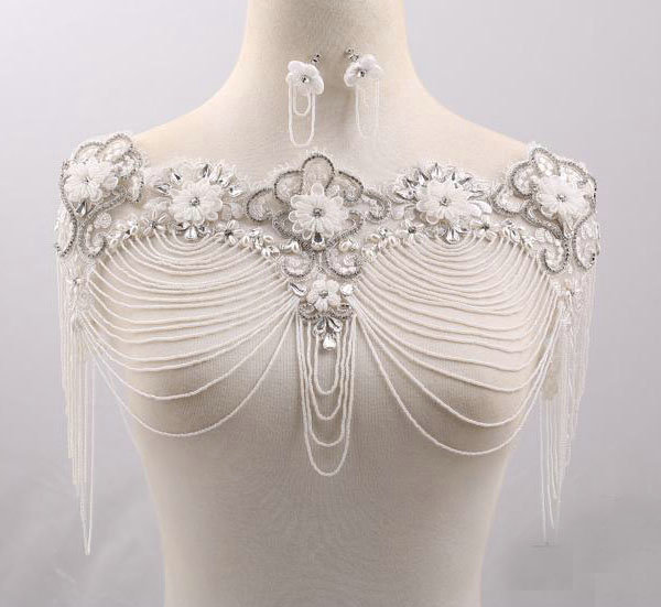 Vintage Bridal Lace Flower Crystal Beads Pearls Tassel Wedding Big Shoulder Chain Accessories