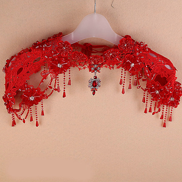 Vintage Bridal Lace Flower Crystal Beads Tassel Queen Wedding Shoulder Chain Accessories - Red