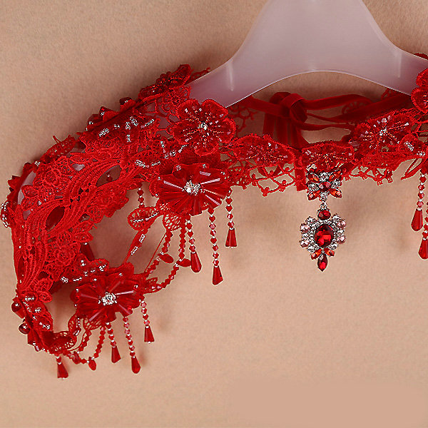 Vintage Bridal Lace Flower Crystal Beads Tassel Queen Wedding Shoulder Chain Accessories - Red
