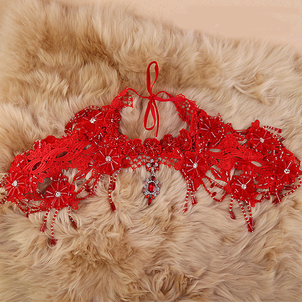 Vintage Bridal Lace Flower Crystal Beads Tassel Queen Wedding Shoulder Chain Accessories - Red