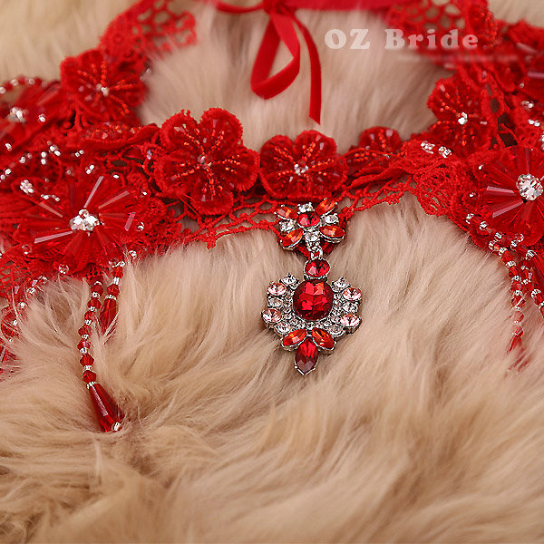 Vintage Bridal Lace Flower Crystal Beads Tassel Queen Wedding Shoulder Chain Accessories - Red