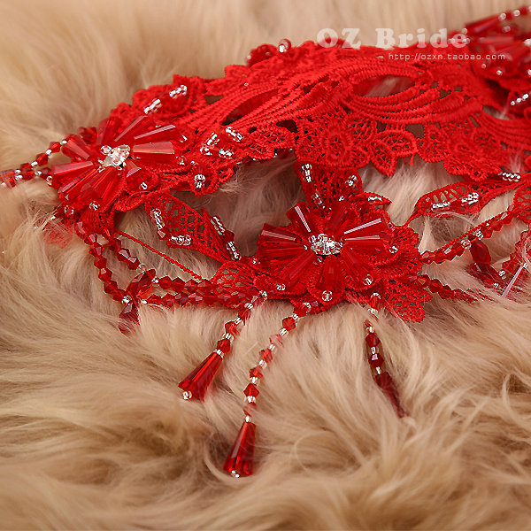 Vintage Bridal Lace Flower Crystal Beads Tassel Queen Wedding Shoulder Chain Accessories - Red