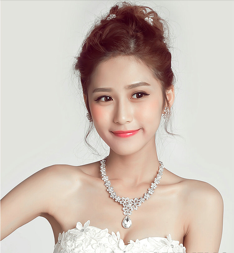 White Gold Plated Rhinestone Flower Bridal Necklace Earrings Women Wedding Jewelry Sets - Silver