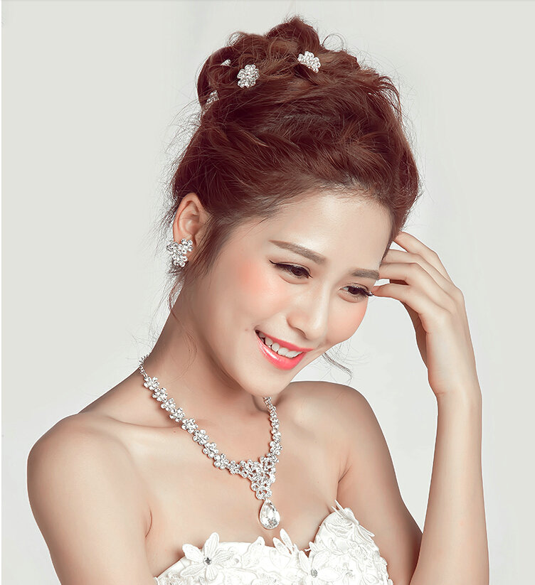White Gold Plated Rhinestone Flower Bridal Necklace Earrings Women Wedding Jewelry Sets - Silver