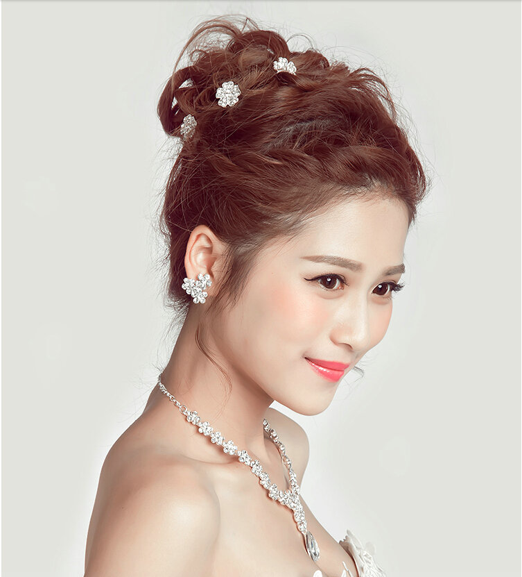 White Gold Plated Rhinestone Flower Bridal Necklace Earrings Women Wedding Jewelry Sets - Silver