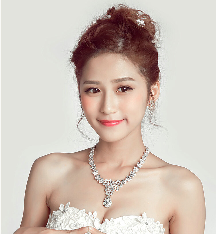 White Gold Plated Rhinestone Flower Bridal Necklace Earrings Women Wedding Jewelry Sets - Silver