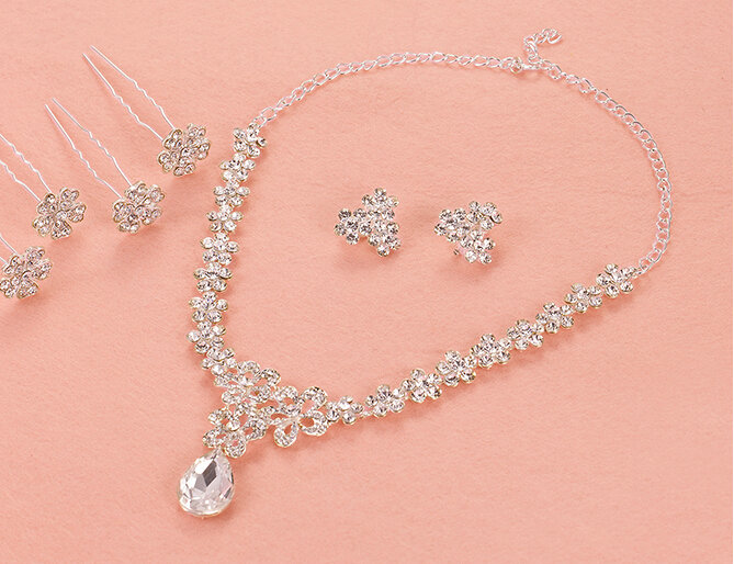 White Gold Plated Rhinestone Flower Bridal Necklace Earrings Women Wedding Jewelry Sets - Silver
