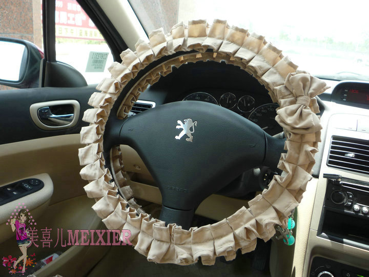Bowknot Checked Fold Lace Flax Car Steering Wheel Covers 15 inch 38CM - Coffee