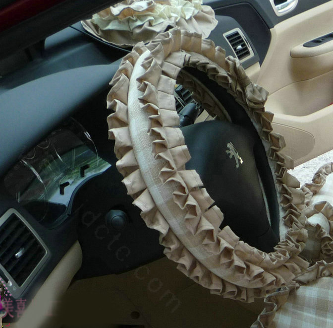 Bowknot Checked Fold Lace Flax Car Steering Wheel Covers 15 inch 38CM - Coffee