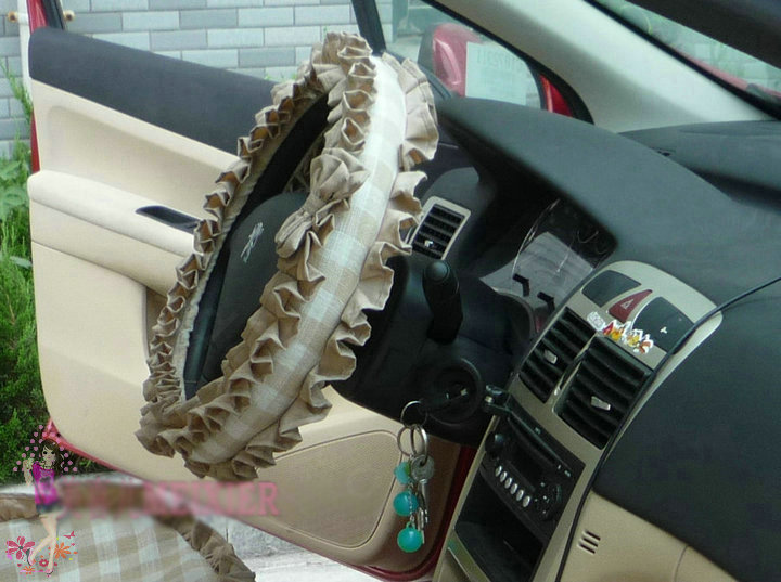 Bowknot Checked Fold Lace Flax Car Steering Wheel Covers 15 inch 38CM - Coffee