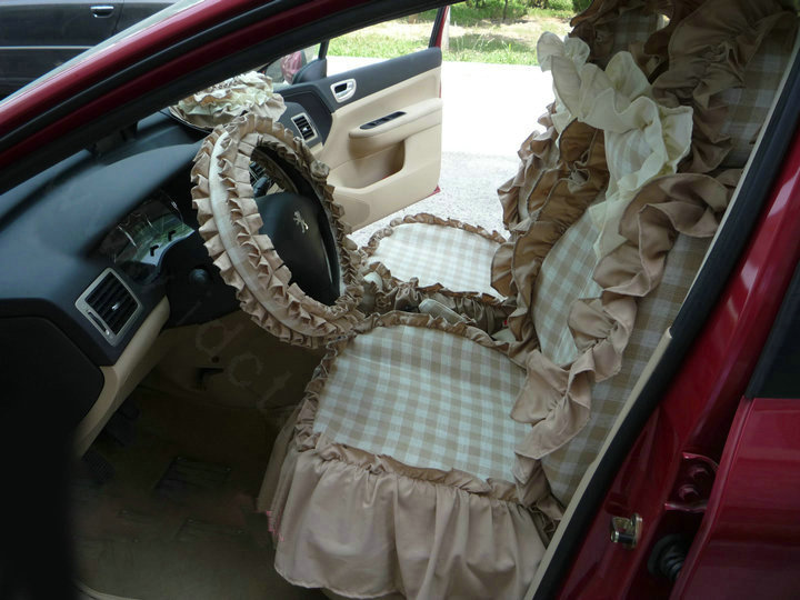 Bowknot Checked Fold Lace Flax Car Steering Wheel Covers 15 inch 38CM - Coffee