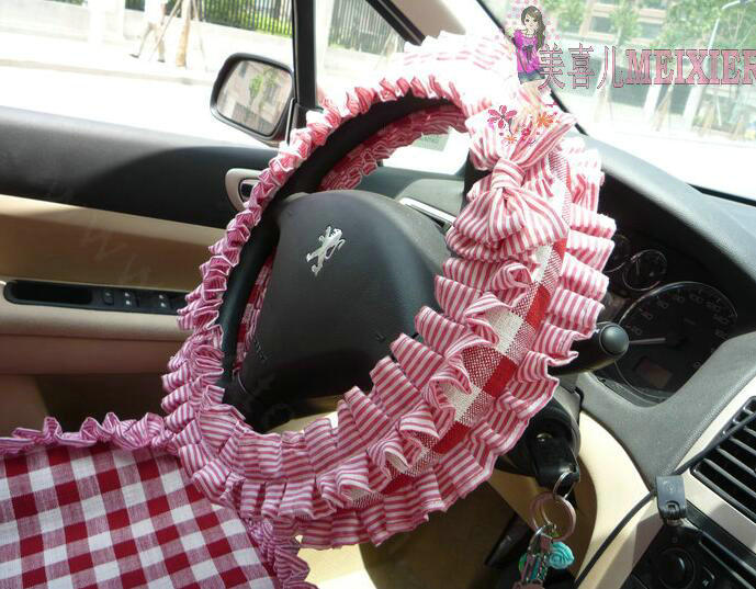 Bowknot Checked Fold Lace Flax Car Steering Wheel Covers 15 inch 38CM - Red