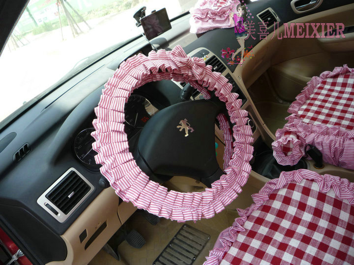 Bowknot Checked Fold Lace Flax Car Steering Wheel Covers 15 inch 38CM - Red