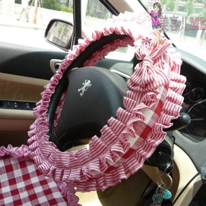 Bowknot Checked Fold Lace Flax Car Steering Wheel Covers 15 inch 38CM - Red