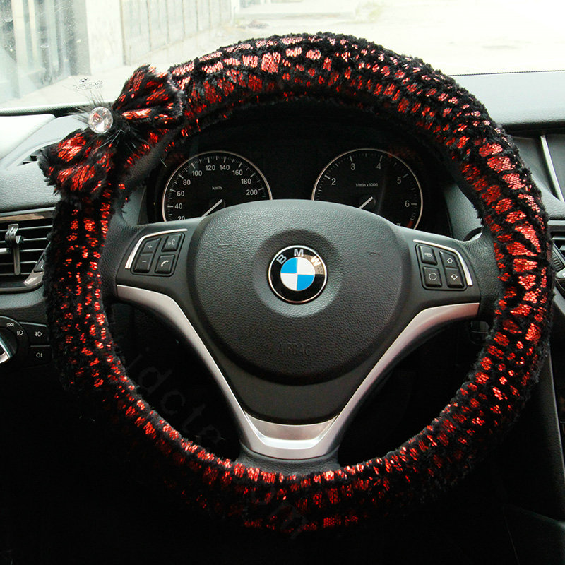 Bowknot Glitter Lace Universal Car Steering Wheel Covers 15 inch 38CM - Red